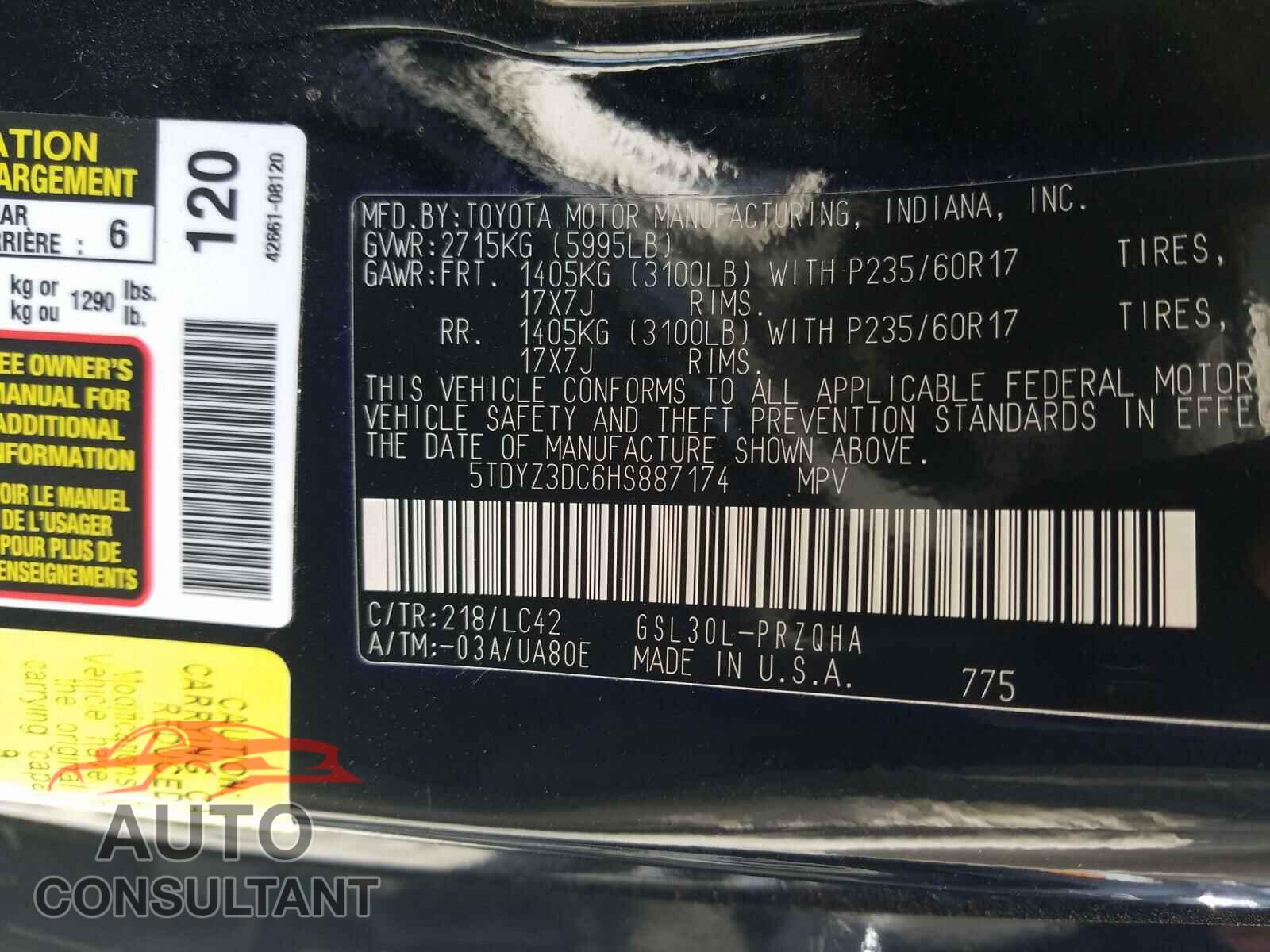 TOYOTA SIENNA 2017 - 5TDYZ3DC6HS887174