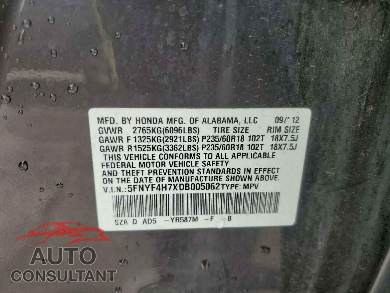 HONDA PILOT 2013 - 5FNYF4H7XDB005062