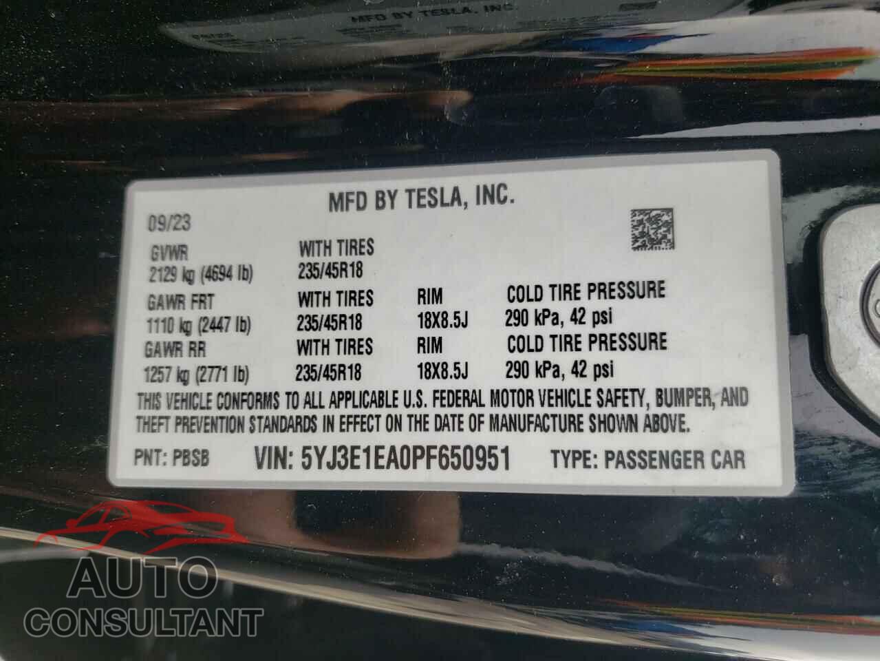 TESLA MODEL 3 2023 - 5YJ3E1EA0PF650951