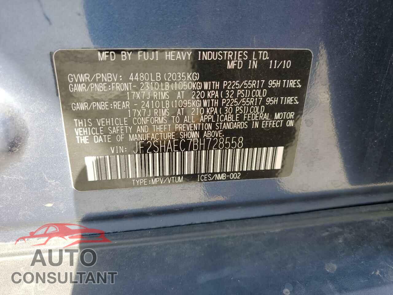 SUBARU FORESTER 2011 - JF2SHAEC7BH728558