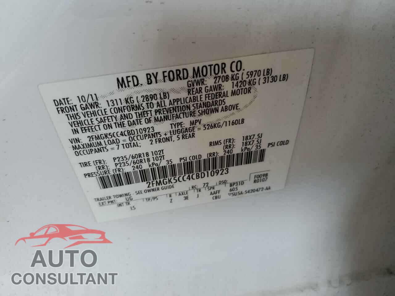 FORD FLEX 2012 - 2FMGK5CC4CBD10923