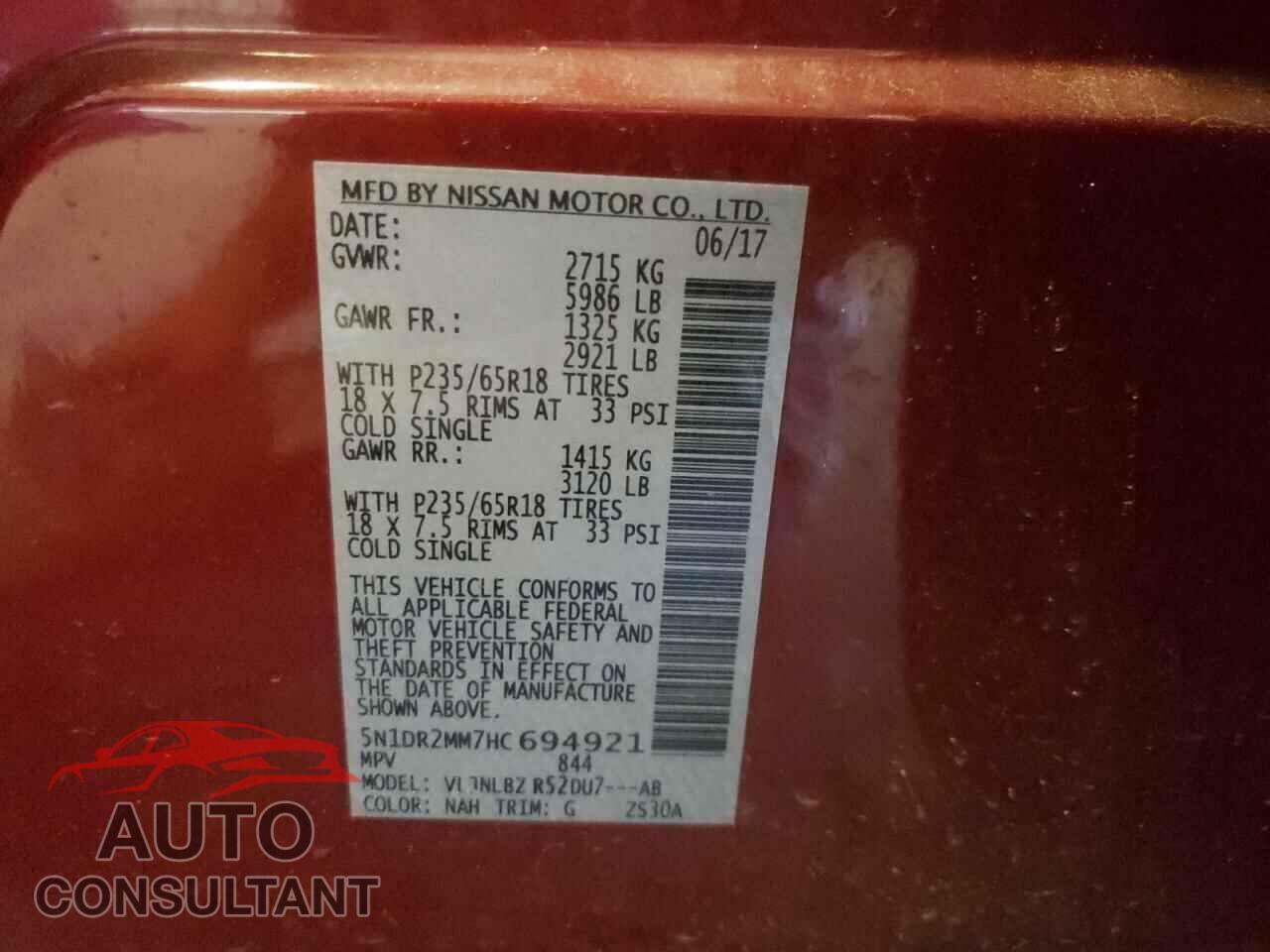 NISSAN PATHFINDER 2017 - 5N1DR2MM7HC694921