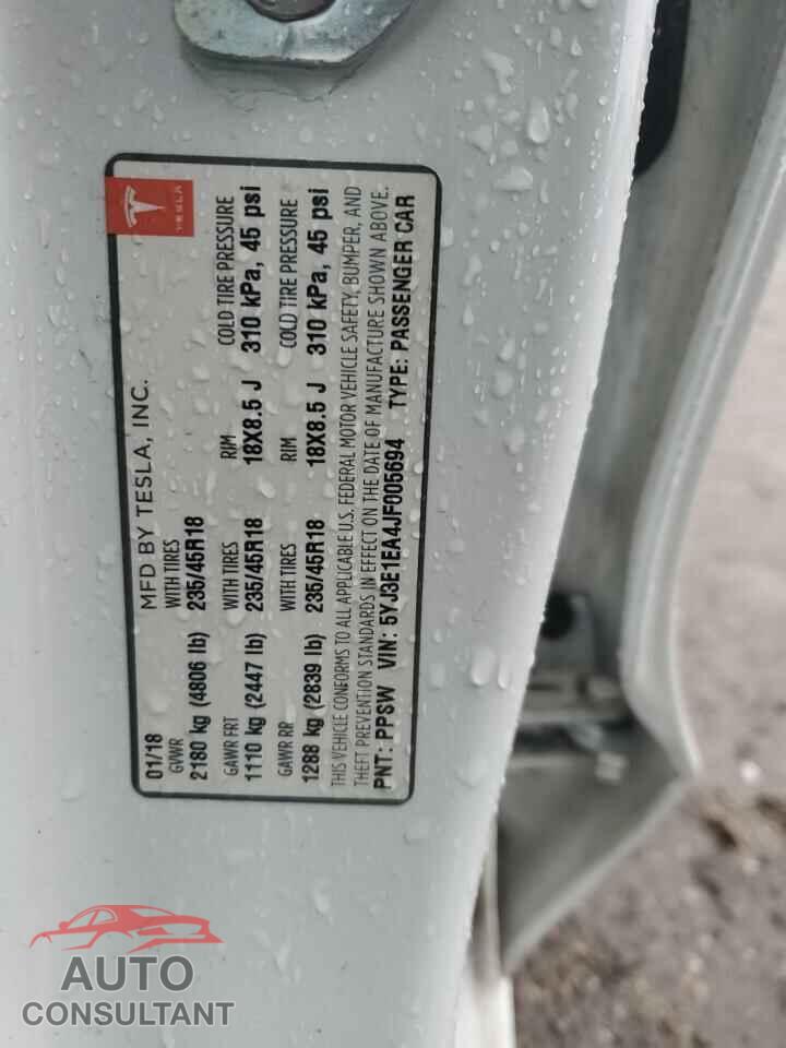 TESLA MODEL 3 2018 - 5YJ3E1EA4JF005694