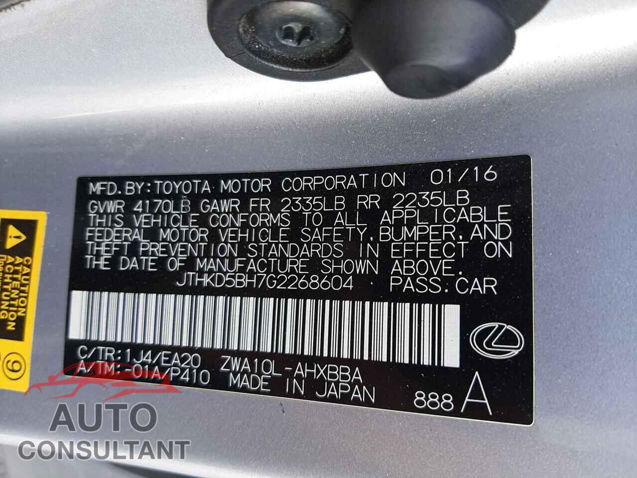 LEXUS CT 200 2016 - JTHKD5BH7G2268604