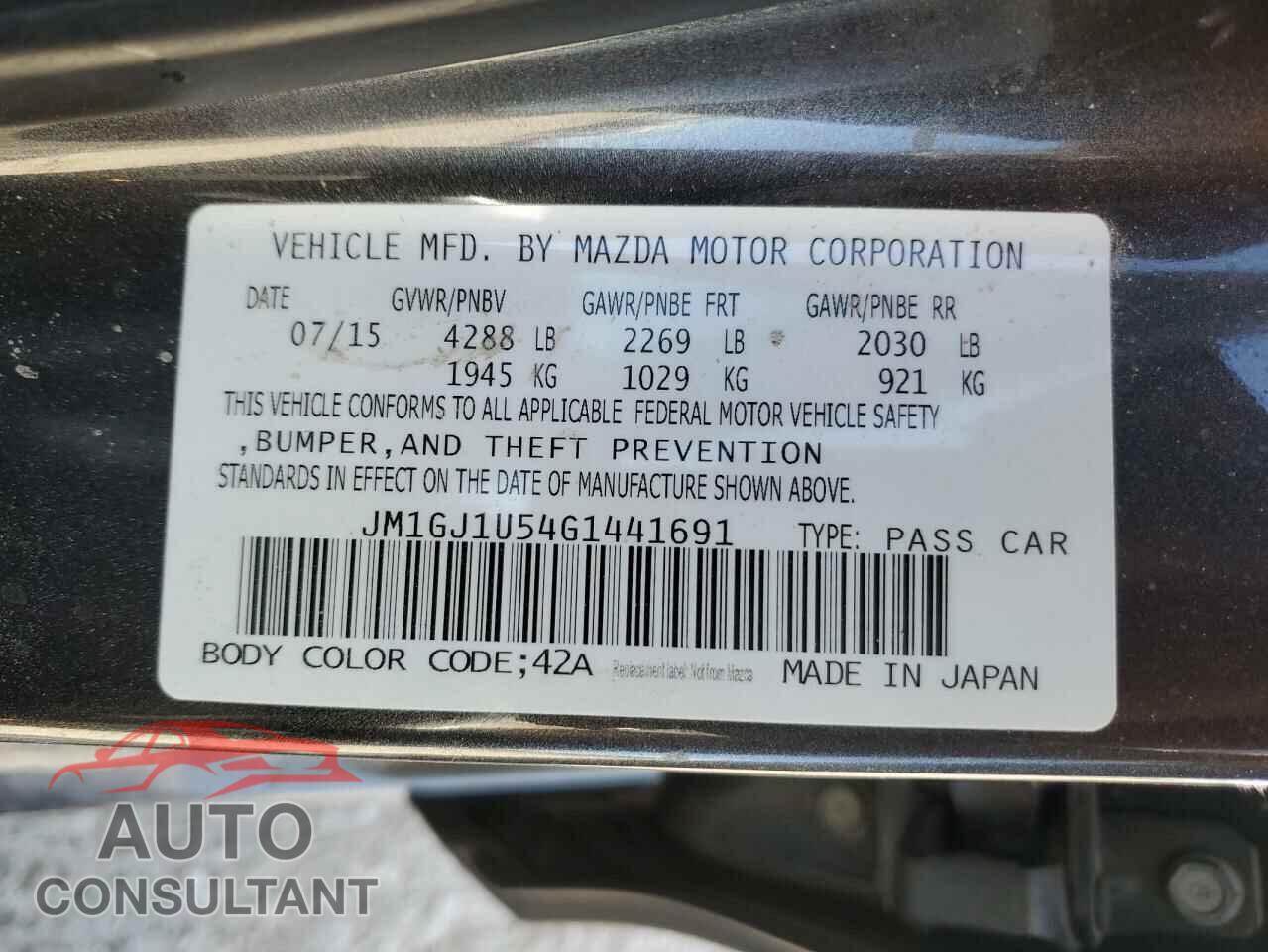 MAZDA 6 2016 - JM1GJ1U54G1441691