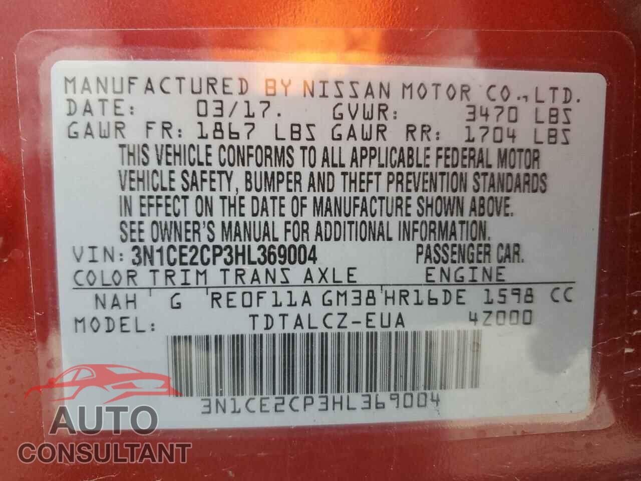 NISSAN VERSA 2017 - 3N1CE2CP3HL369004