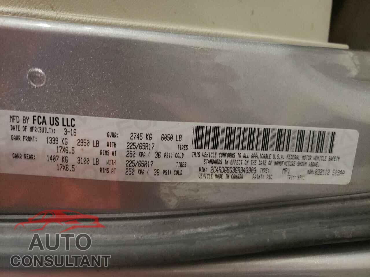 DODGE CARAVAN 2016 - 2C4RDGBG3GR343903