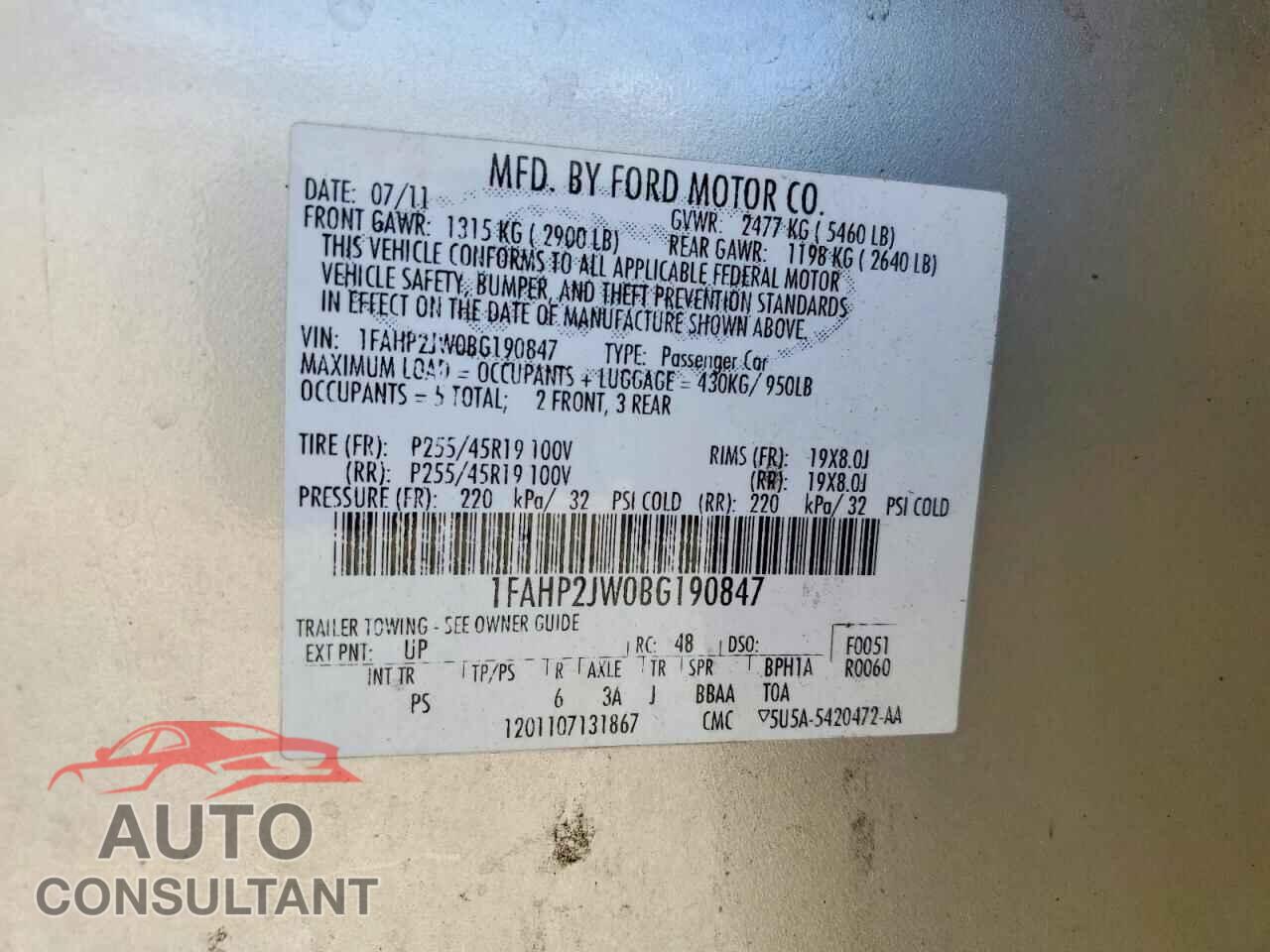 FORD TAURUS 2011 - 1FAHP2JW0BG190847