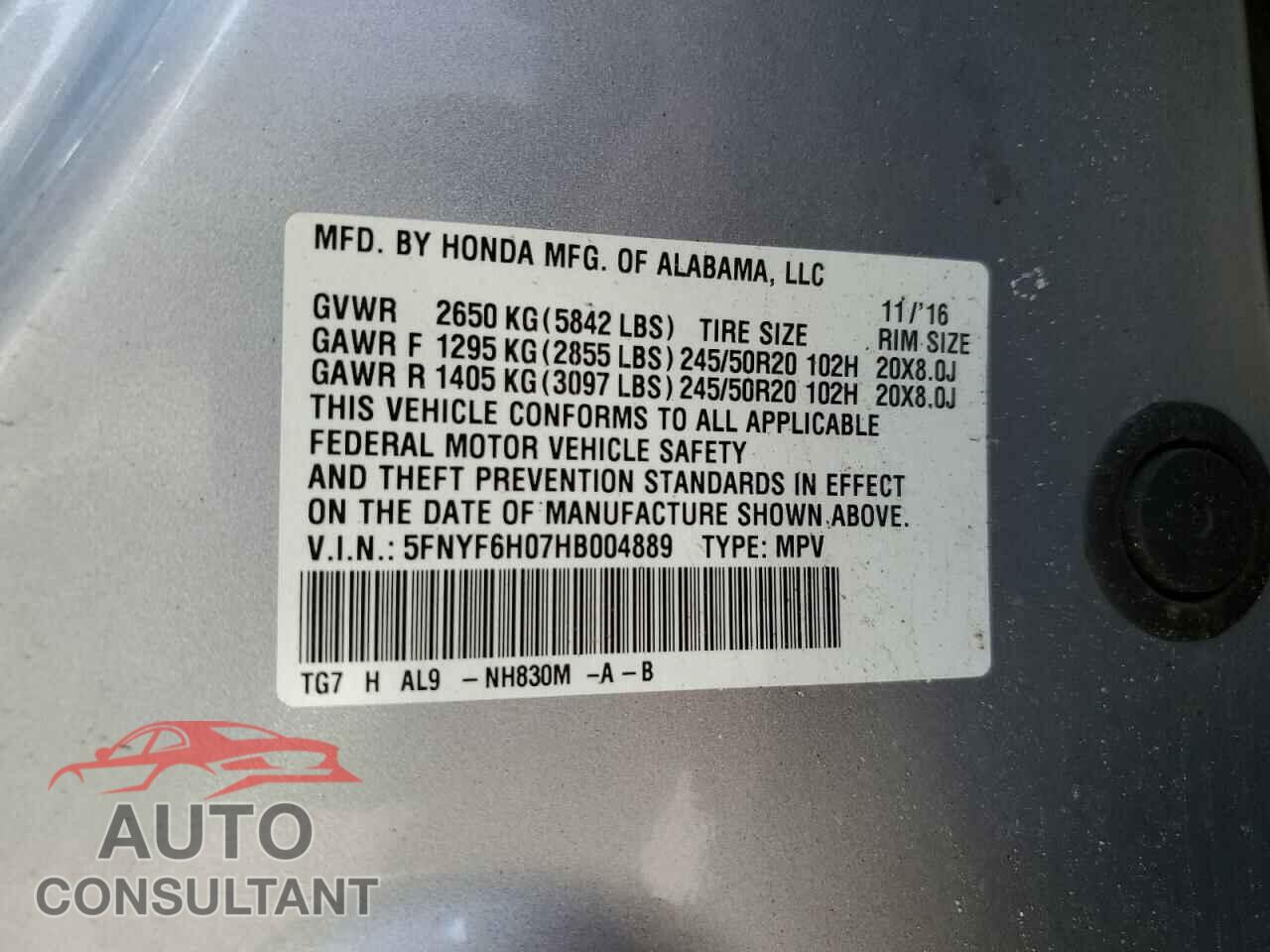 HONDA PILOT 2017 - 5FNYF6H07HB004889