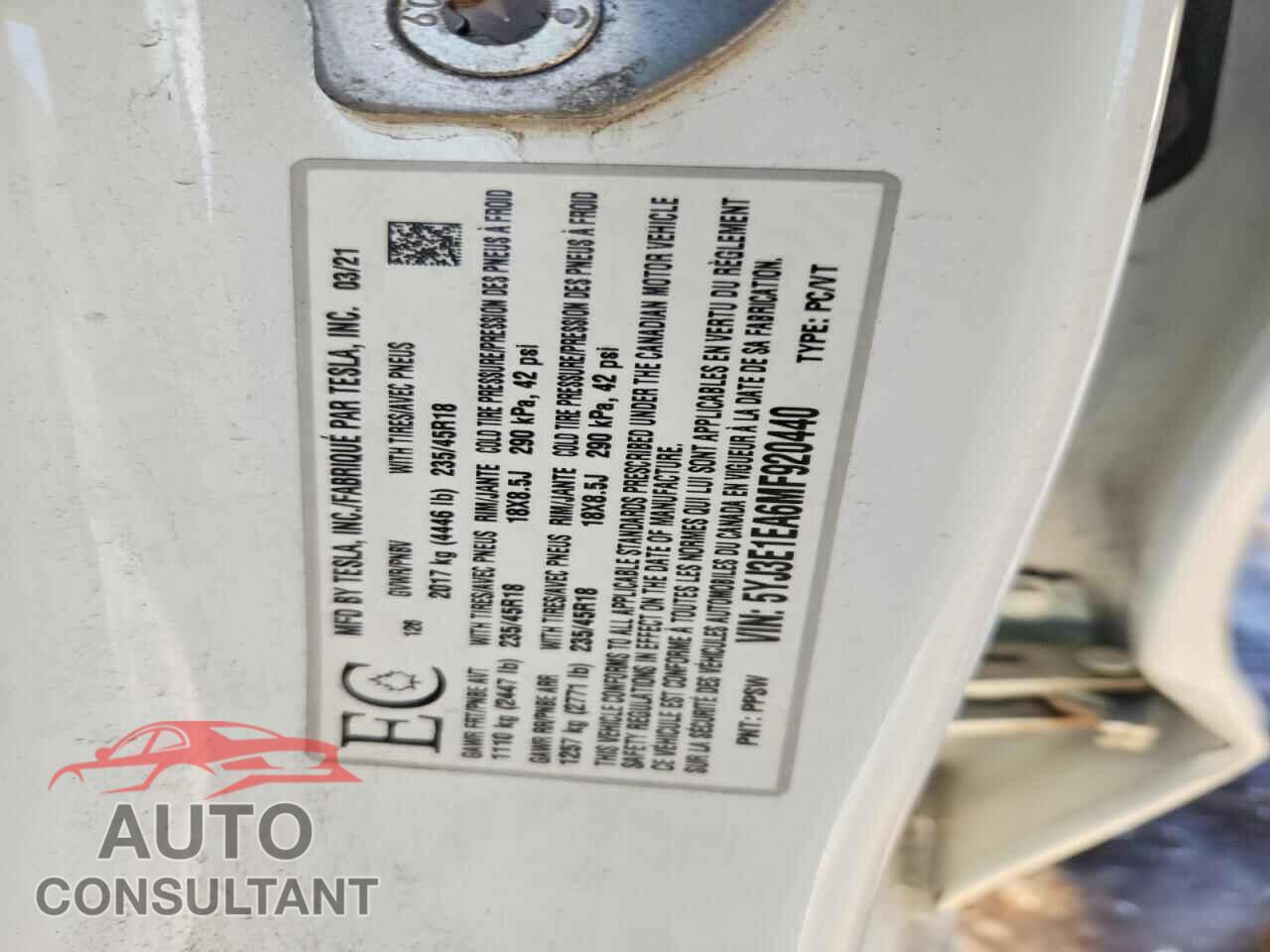 TESLA MODEL 3 2021 - 5YJ3E1EA6MF920440