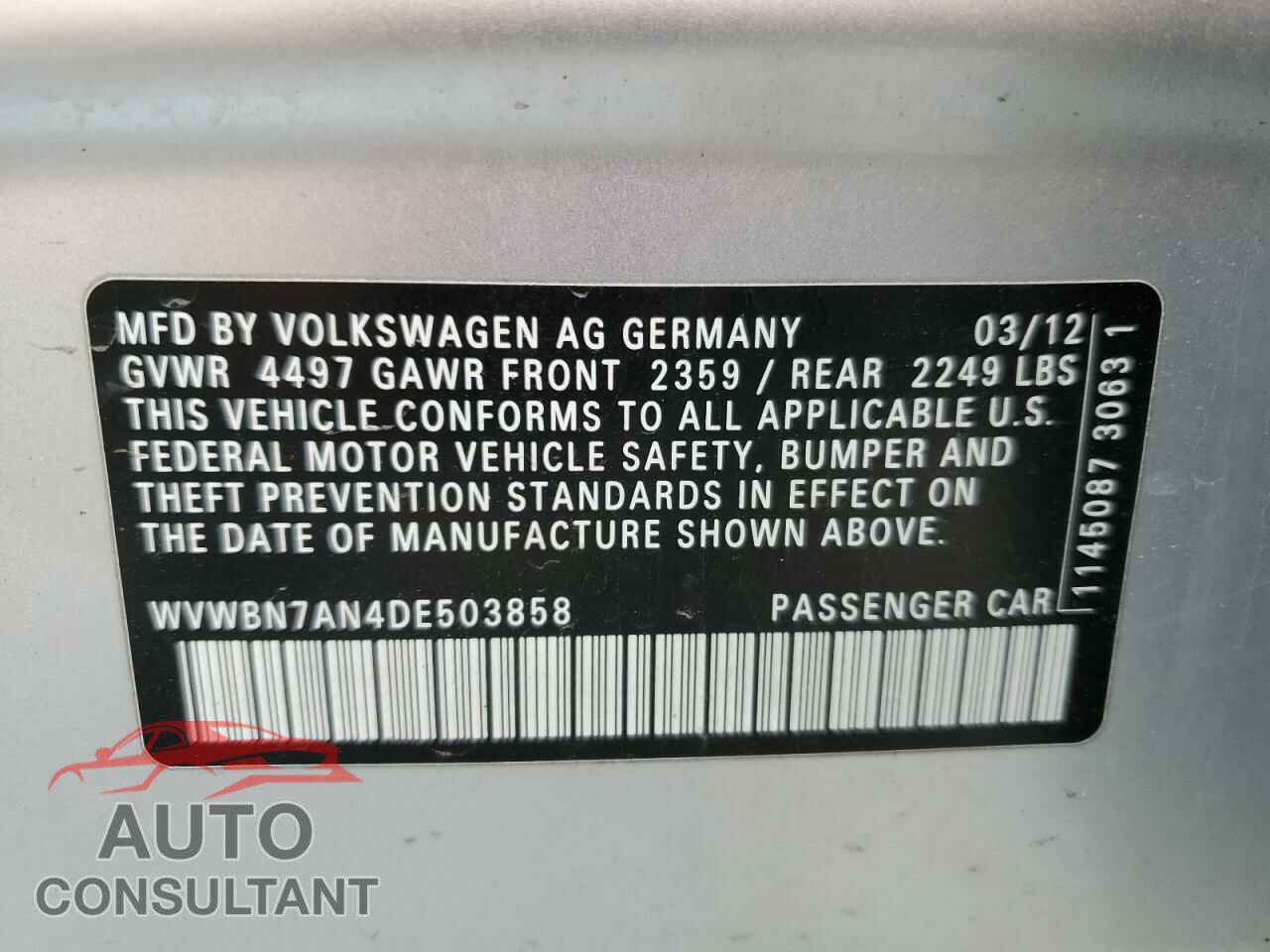 VOLKSWAGEN CC 2013 - WVWBN7AN4DE503858