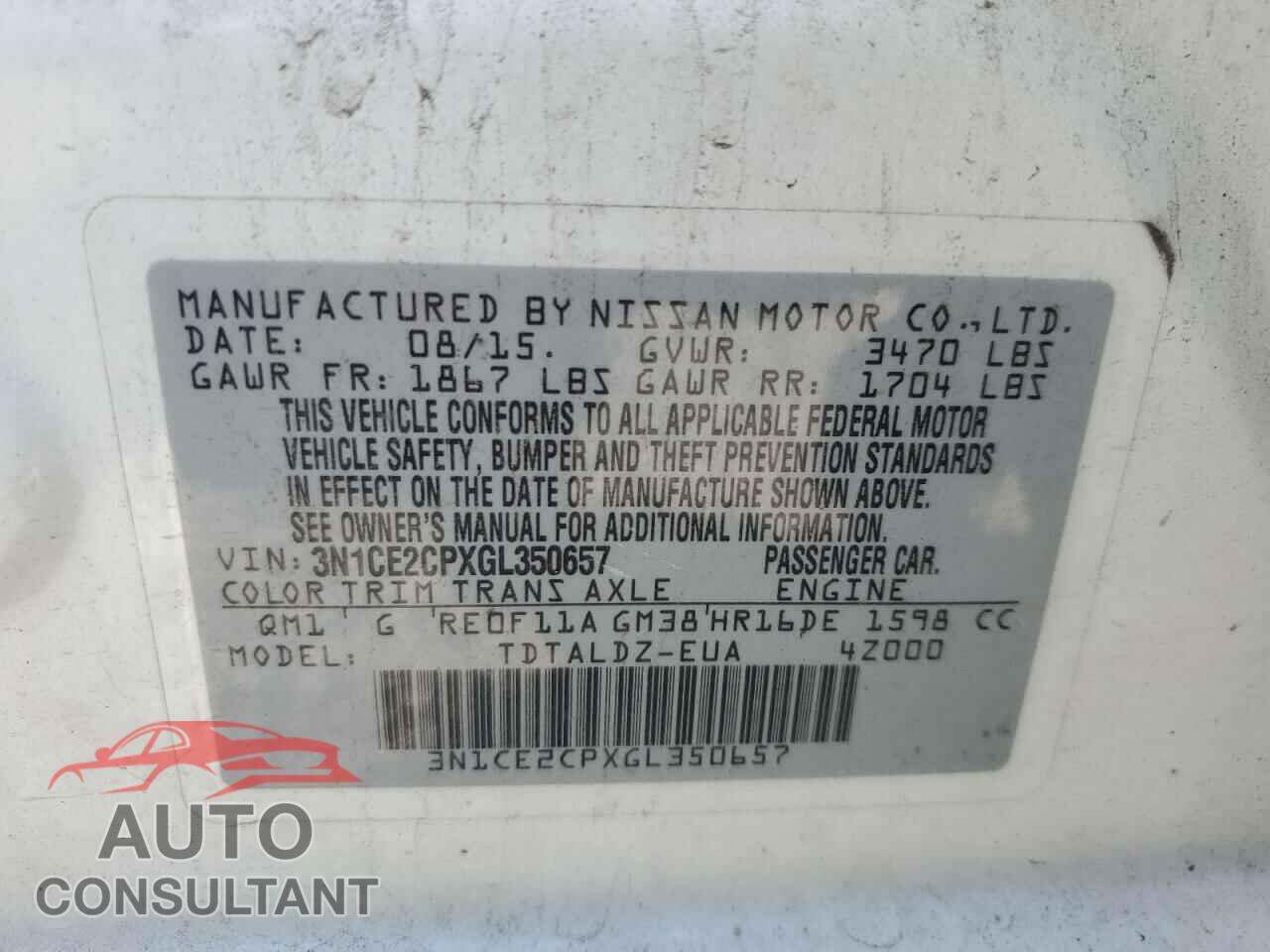 NISSAN VERSA 2016 - 3N1CE2CPXGL350657