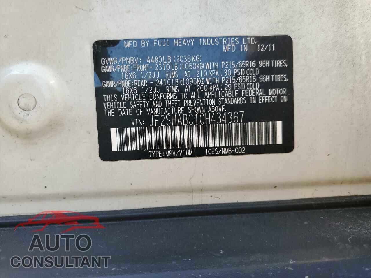 SUBARU FORESTER 2012 - JF2SHABC1CH434367