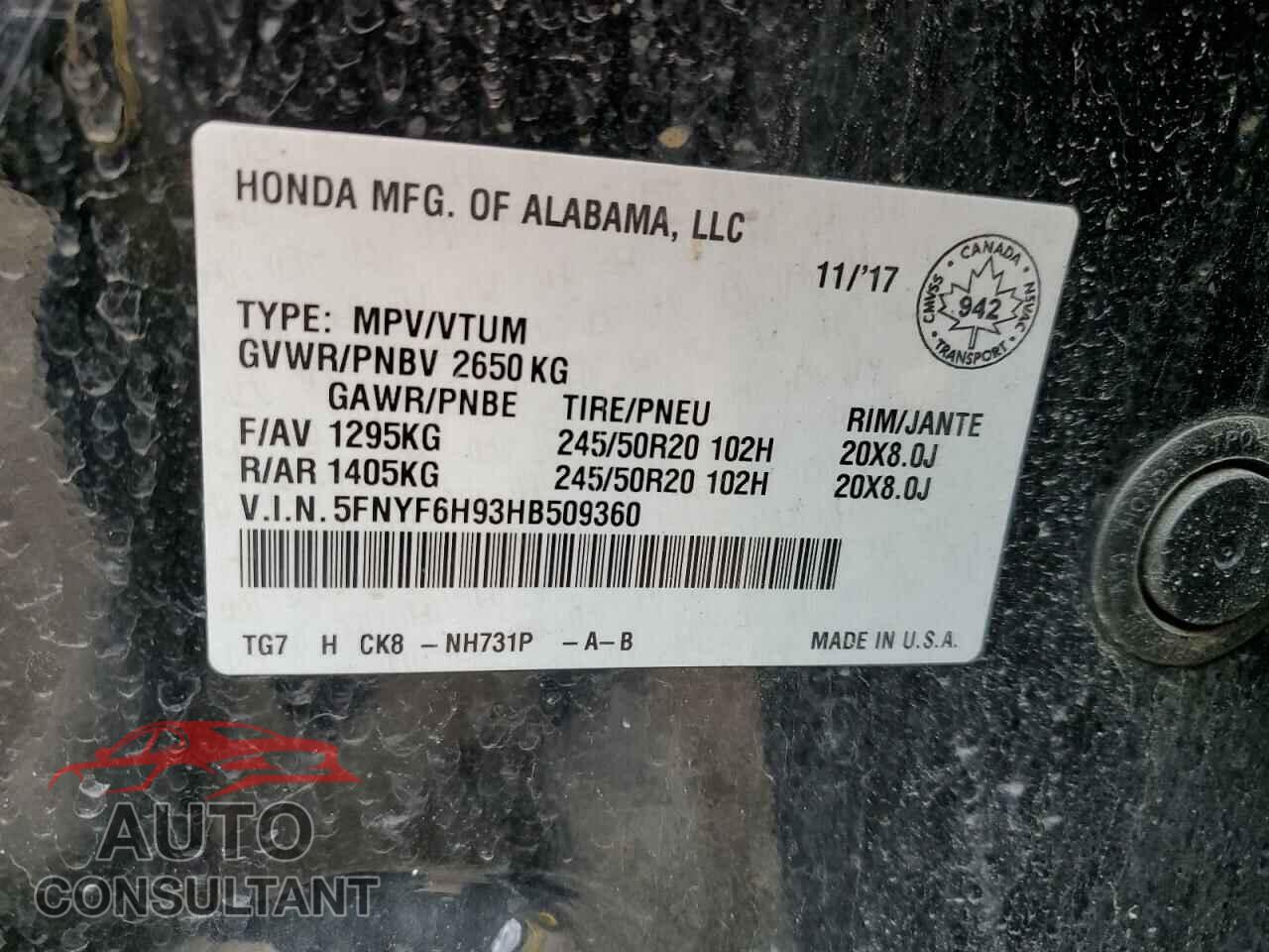 HONDA PILOT 2017 - 5FNYF6H93HB509360