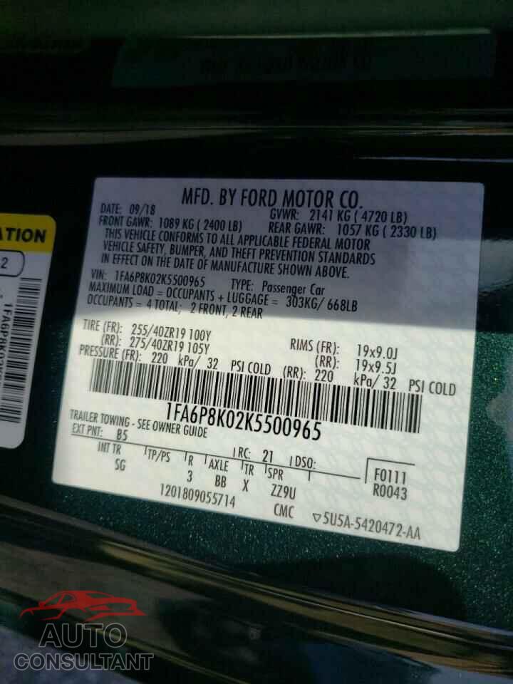FORD MUSTANG 2019 - 1FA6P8K02K5500965