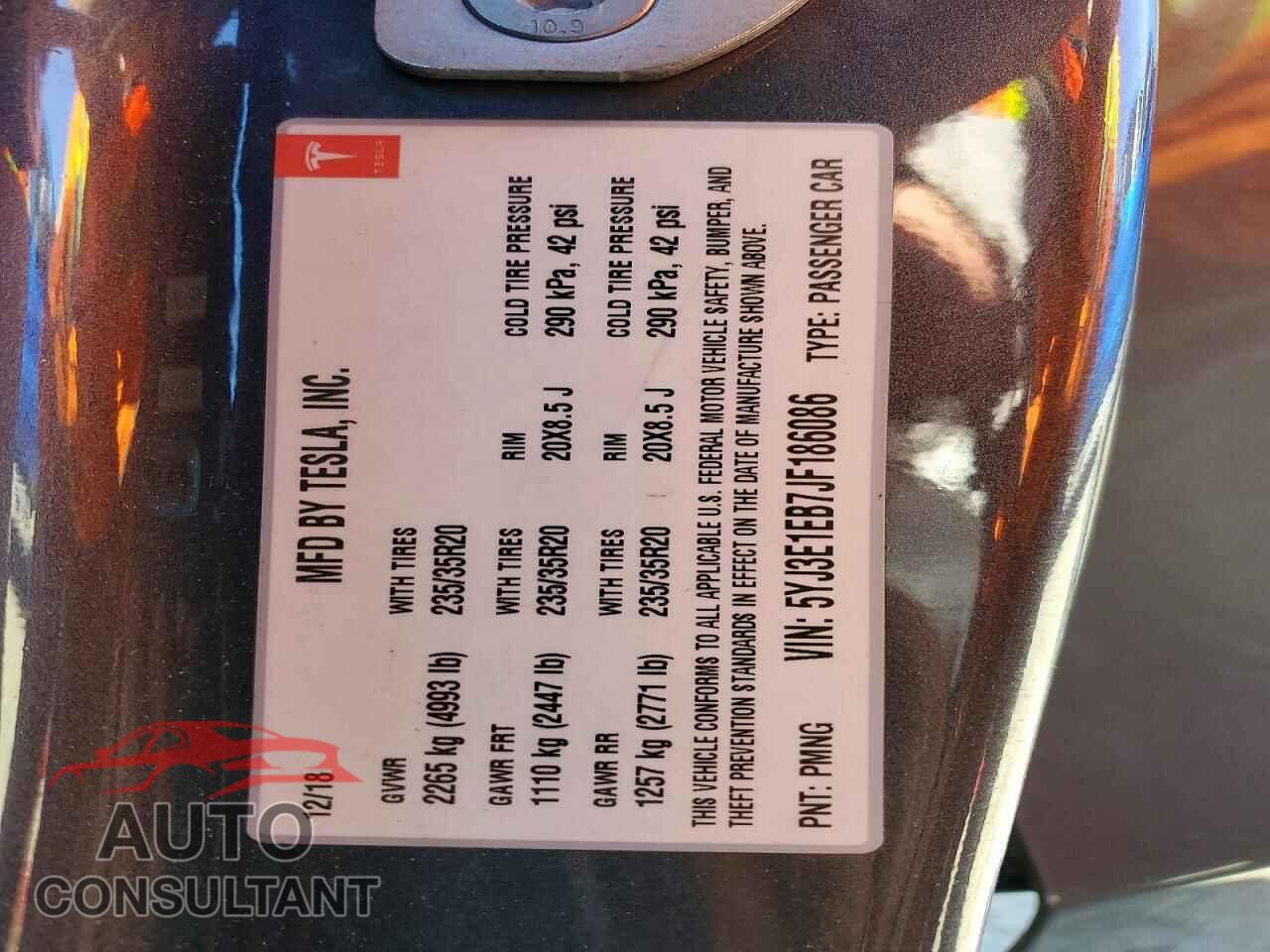 TESLA MODEL 3 2018 - 5YJ3E1EB7JF186086