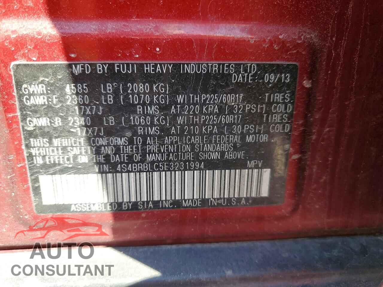 SUBARU OUTBACK 2014 - 4S4BRBLC5E3231994