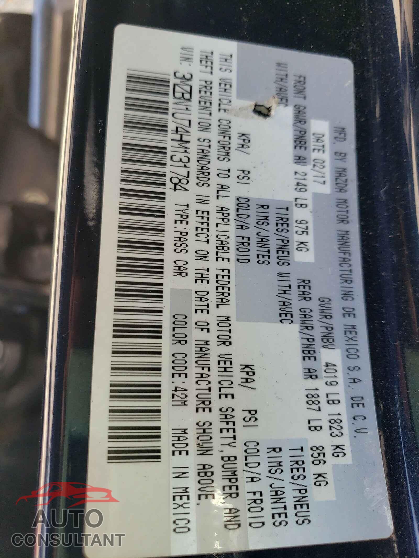 MAZDA 3 2017 - 3MZBN1U74HM131784