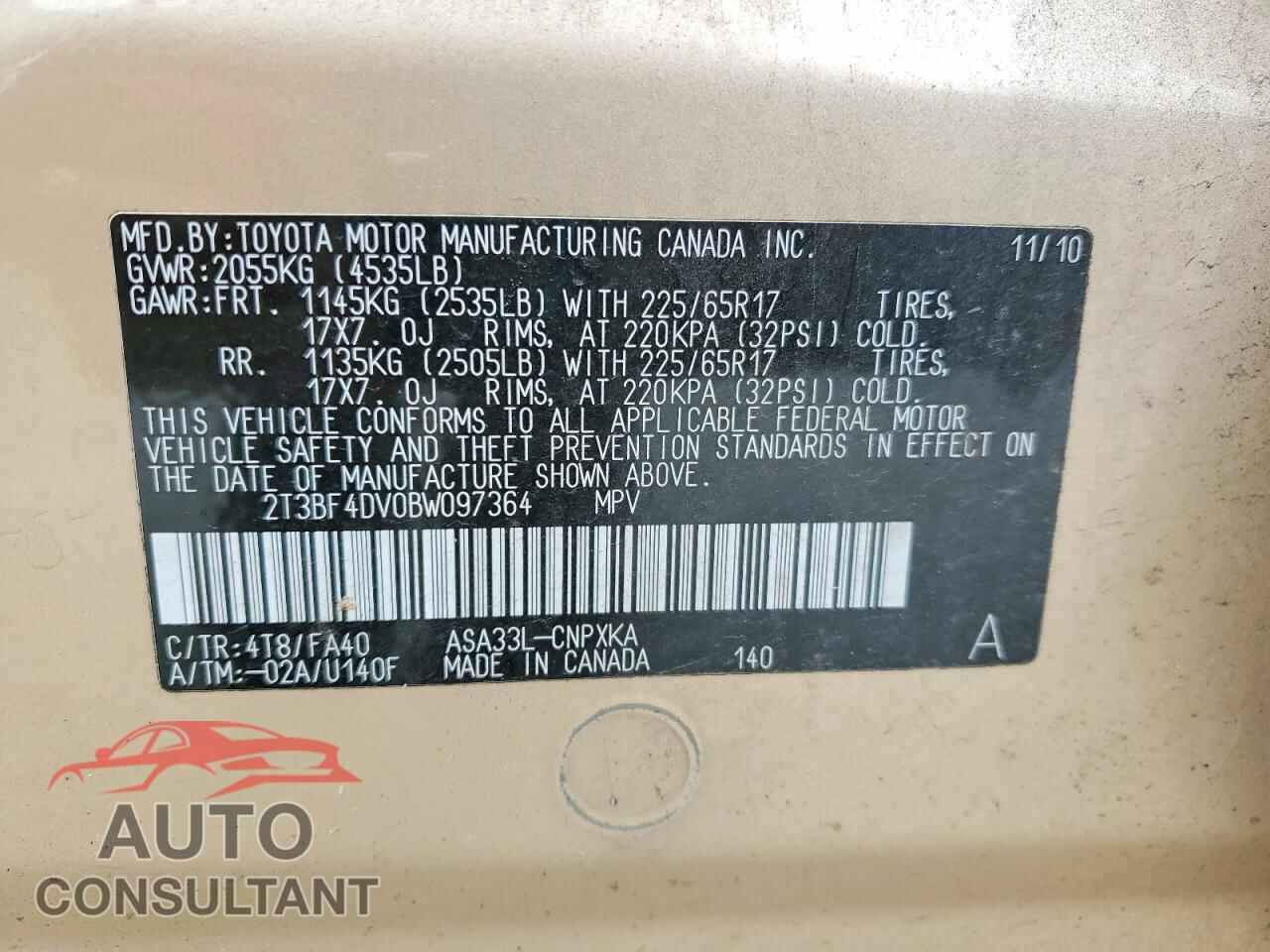 TOYOTA RAV4 BASE 2011 - 2T3BF4DV0BW097364