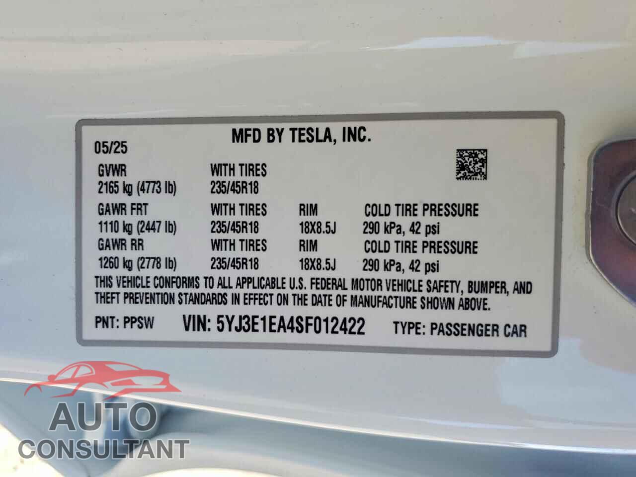 TESLA MODEL 3 2025 - 5YJ3E1EA4SF012422