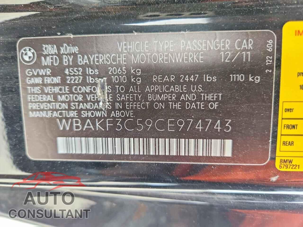 BMW 3 SERIES 2012 - WBAKF3C59CE974743