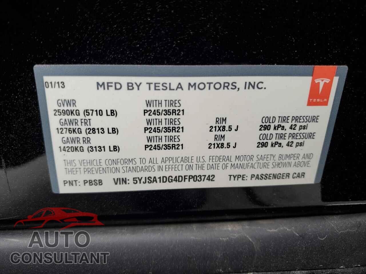 TESLA MODEL S 2013 - 5YJSA1DG4DFP03742