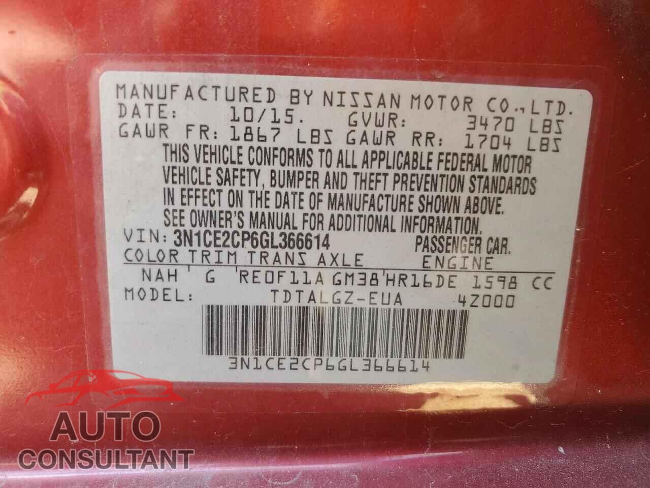 NISSAN VERSA 2016 - 3N1CE2CP6GL366614