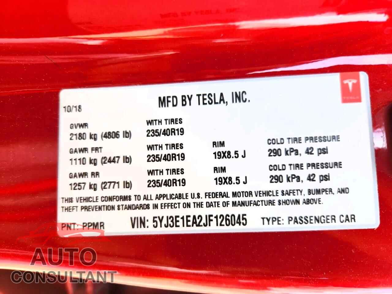 TESLA MODEL 3 2018 - 5YJ3E1EA2JF126045