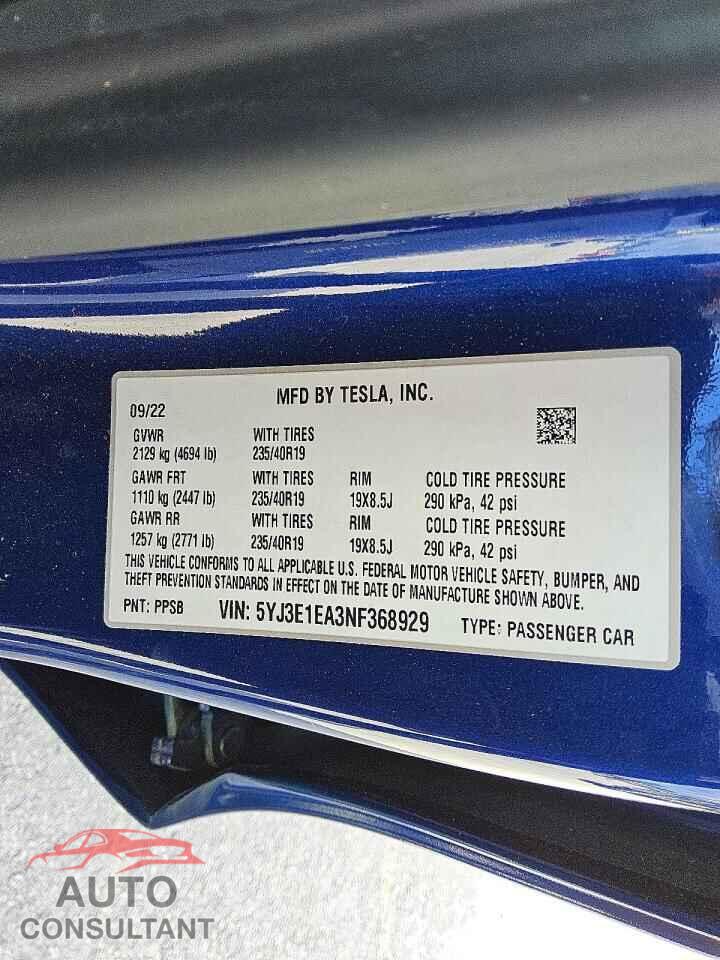 TESLA MODEL 3 2022 - 5YJ3E1EA3NF368929