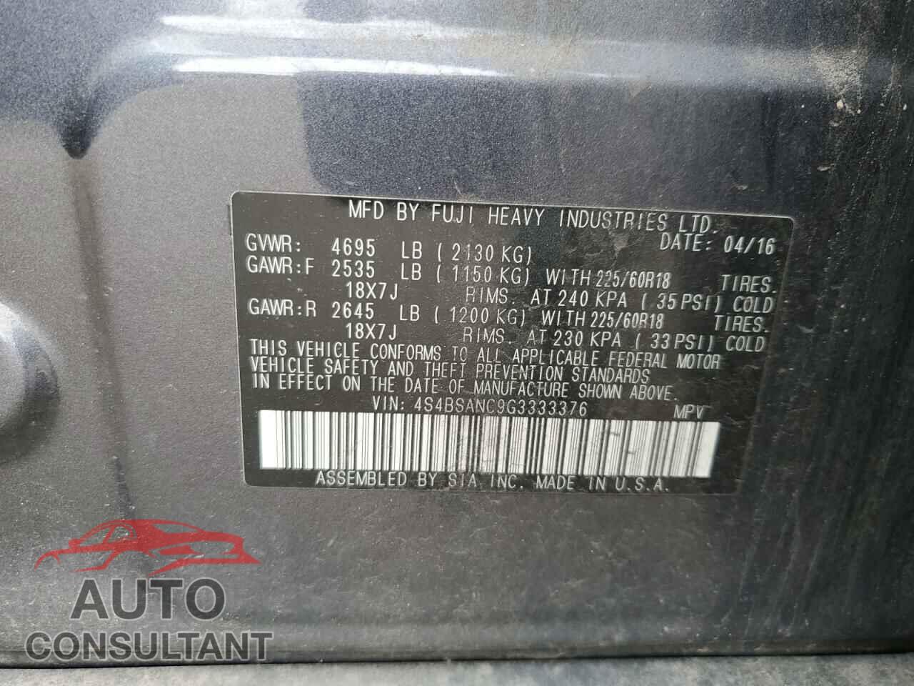 SUBARU OUTBACK 2016 - 4S4BSANC9G3333376