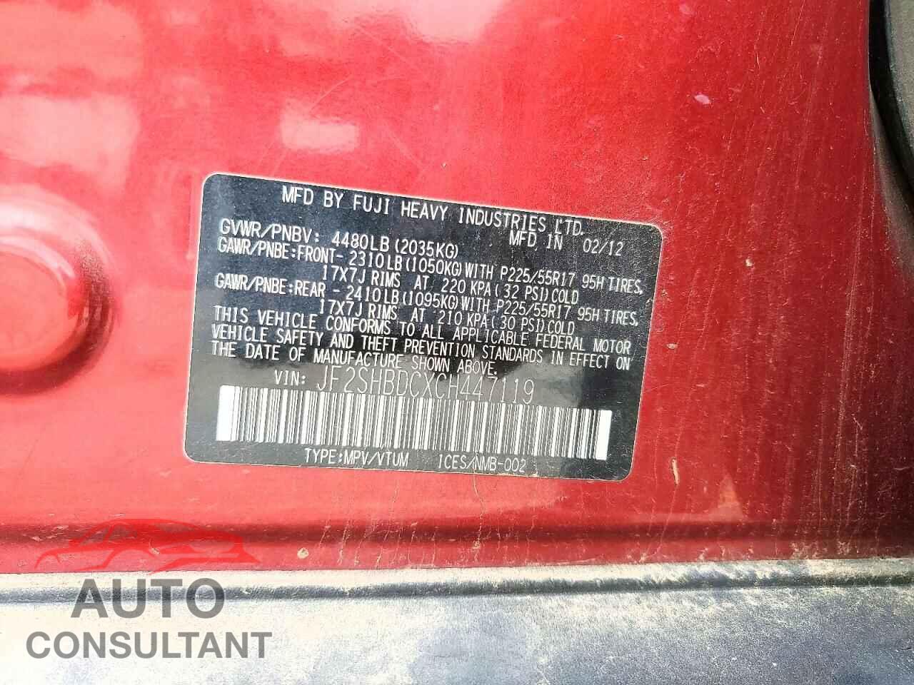 SUBARU FORESTER 2012 - JF2SHBDCXCH447119