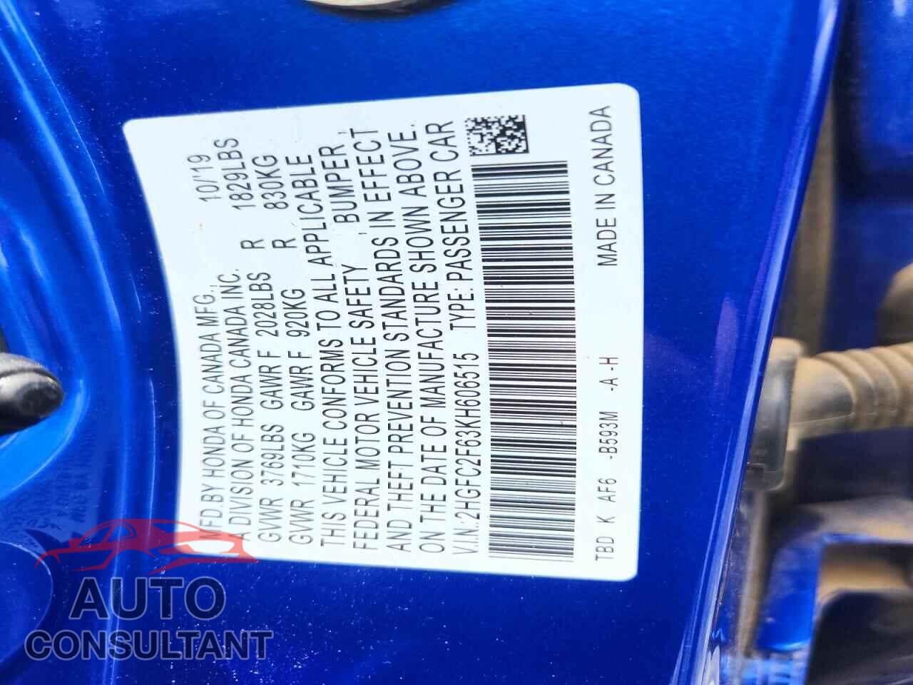 HONDA CIVIC 2019 - 2HGFC2F63KH606515