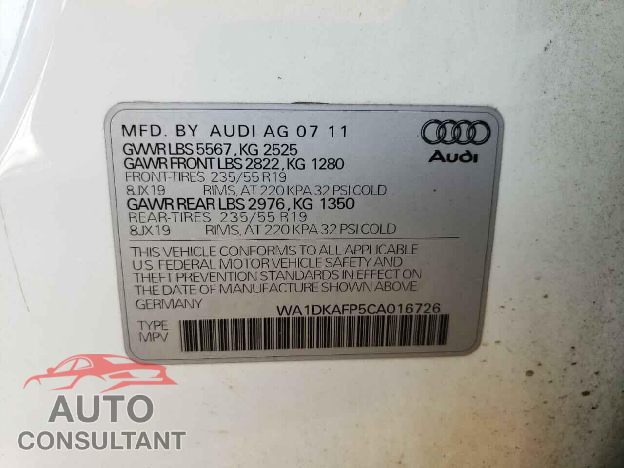 AUDI Q5 2012 - WA1DKAFP5CA016726