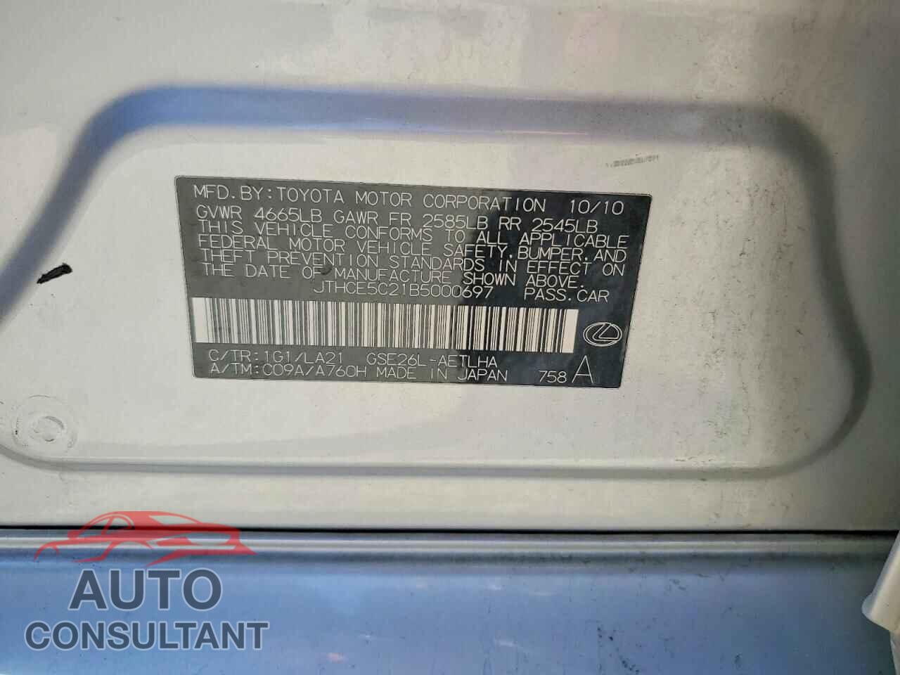 LEXUS IS 2011 - JTHCE5C21B5000697