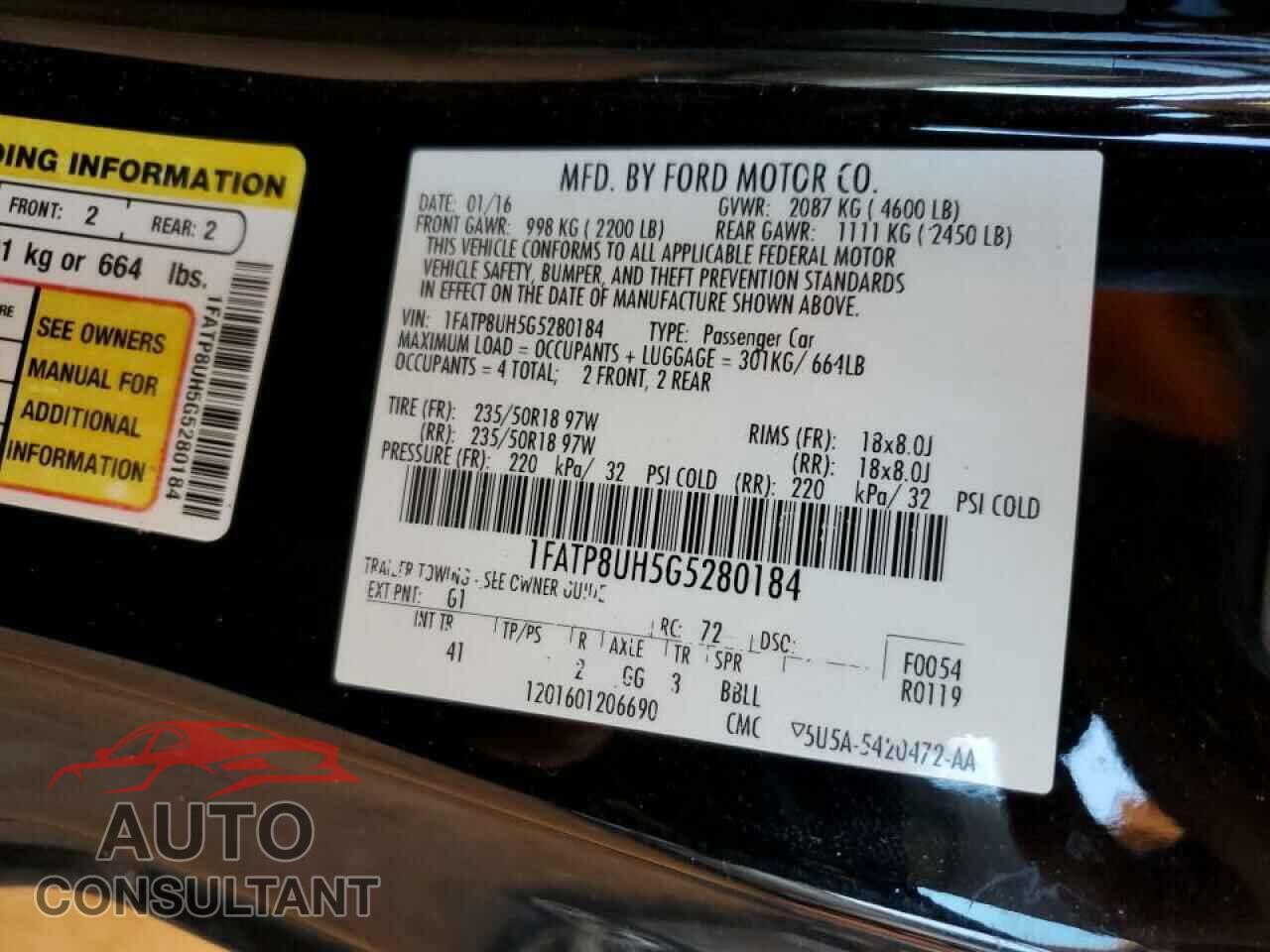 FORD MUSTANG 2016 - 1FATP8UH5G5280184