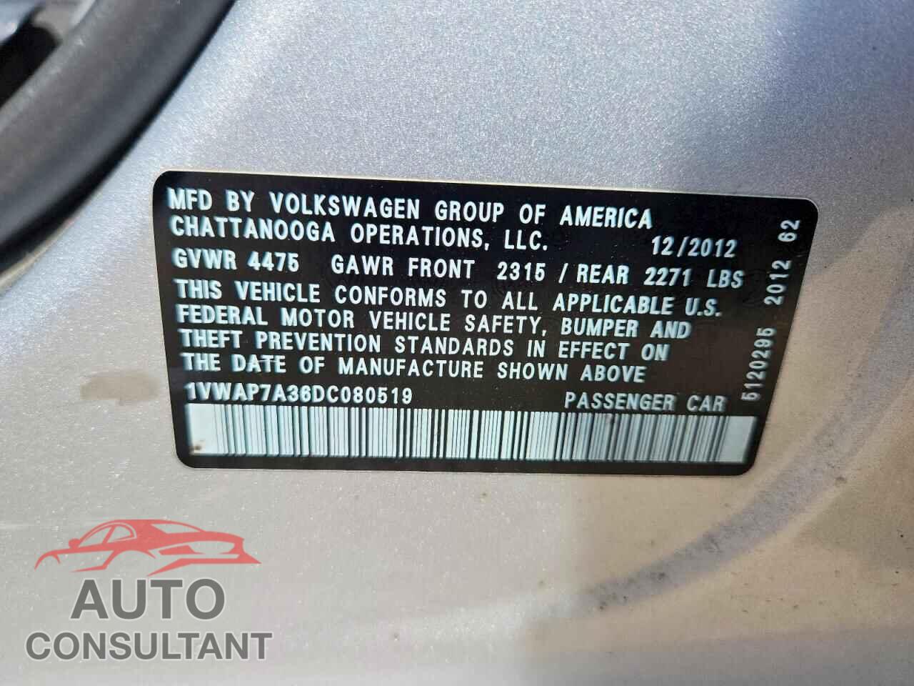 VOLKSWAGEN PASSAT 2013 - 1VWAP7A36DC080519