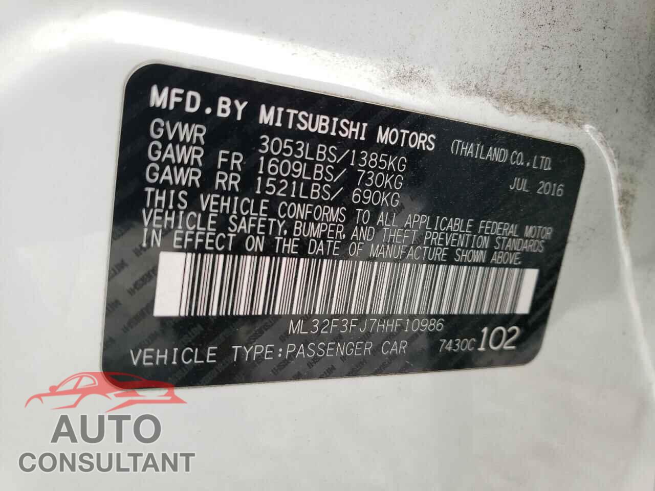 MITSUBISHI MIRAGE 2017 - ML32F3FJ7HHF10986