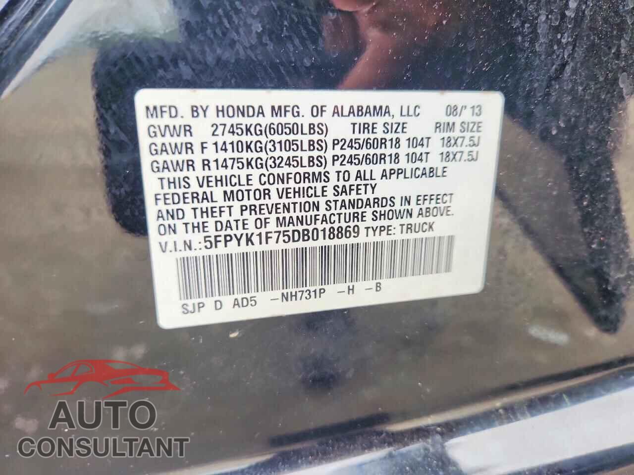 HONDA RIDGELINE 2013 - 5FPYK1F75DB018869