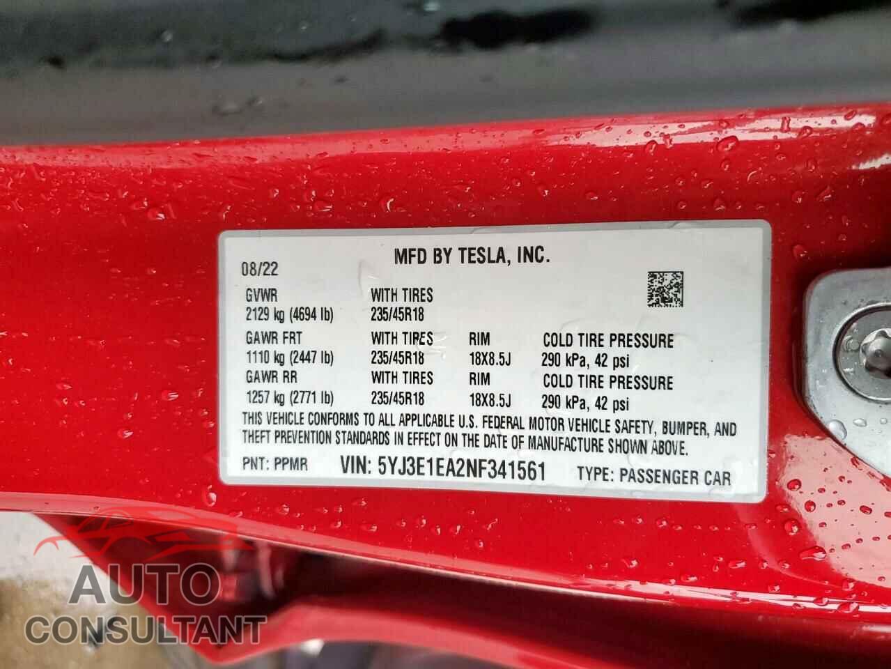 TESLA MODEL 3 2022 - 5YJ3E1EA2NF341561