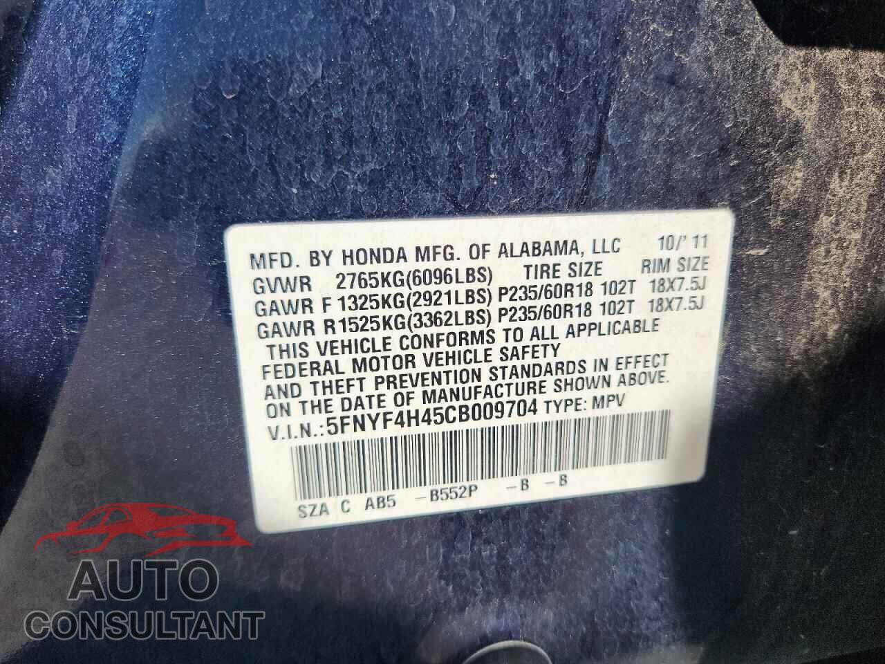 HONDA PILOT 2012 - 5FNYF4H45CB009704