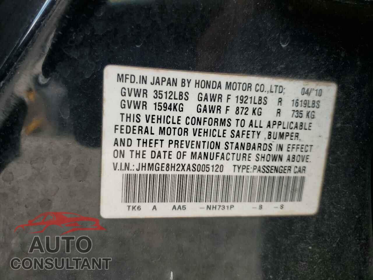 HONDA FIT 2010 - JHMGE8H2XAS005120