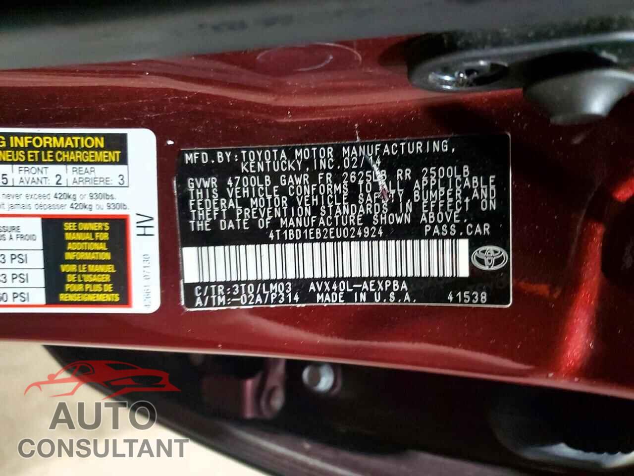 TOYOTA AVALON 2014 - 4T1BD1EB2EU024924