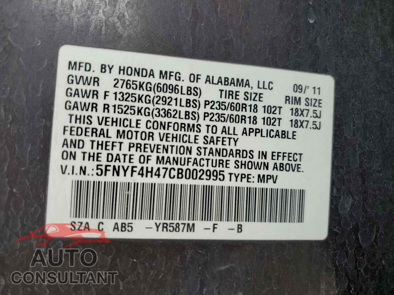HONDA PILOT 2012 - 5FNYF4H47CB002995
