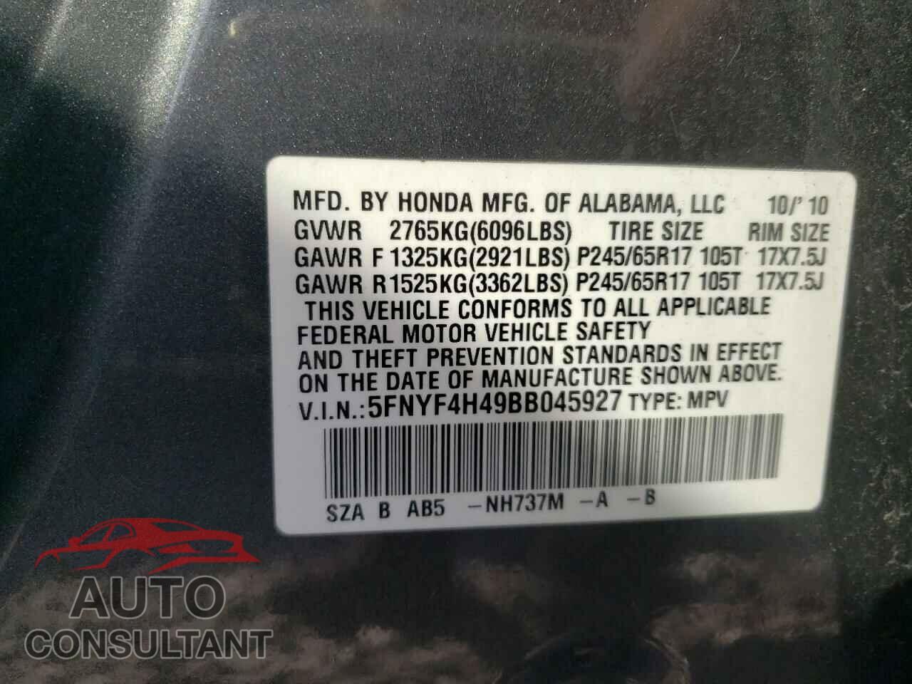 HONDA PILOT 2011 - 5FNYF4H49BB045927