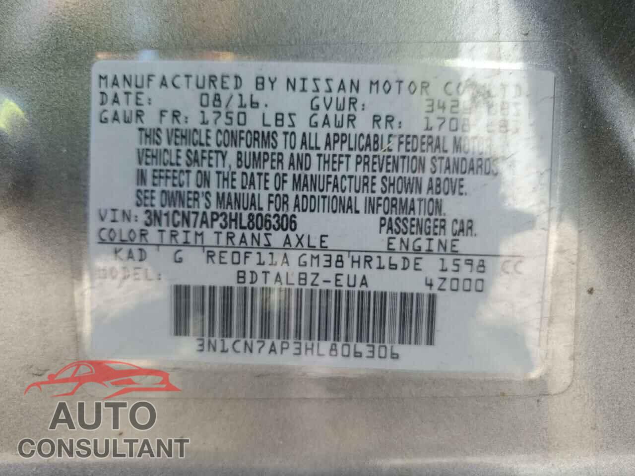 NISSAN VERSA 2017 - 3N1CN7AP3HL806306