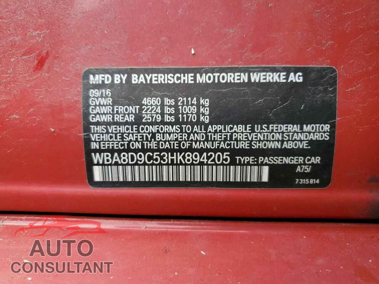 BMW 3 SERIES 2017 - WBA8D9C53HK894205