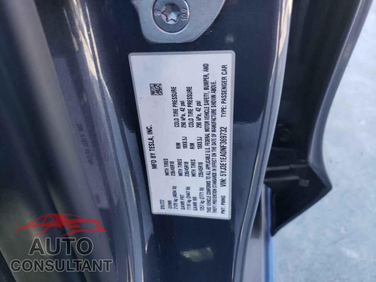 TESLA MODEL 3 2022 - 5YJ3E1EA0NF369732
