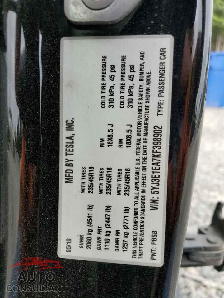 TESLA MODEL 3 2019 - 5YJ3E1EA7KF398902