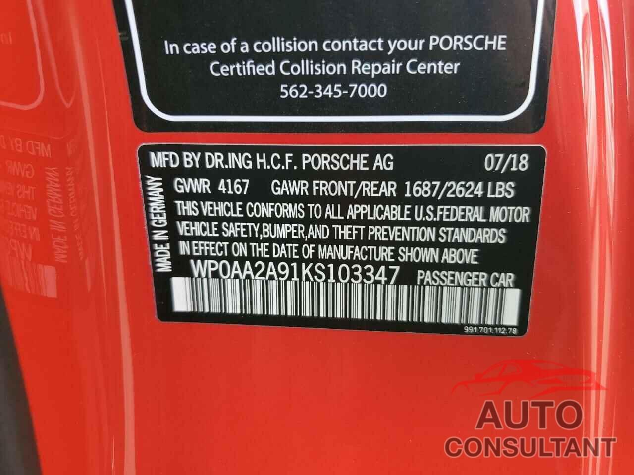 PORSCHE 911 2019 - WP0AA2A91KS103347