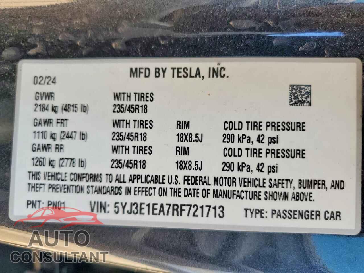 TESLA MODEL 3 2024 - 5YJ3E1EA7RF721713